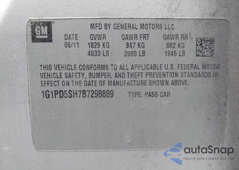 2011 Chevrolet Cruze Ls from USA, damaged, VIN 1G1PD5SH7B7298889